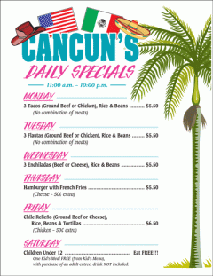 Menu - Cancun's Red Oak - Daily Specials (2011)